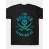 European Size Men'S The Goonies Never Say Die Neon Graphic T-Shirt - Pure Polyester Black with Teal Crossed Swords Skull Print