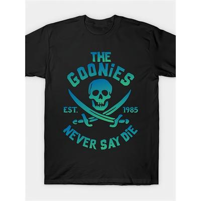Europäische Größe Herren Das Goonies Sagt Nie Nie Neon Grafik-T-Shirt - Reines Polyester Schwarz mit Türkisfarbenem Gekreuzten Schwertern Totenkopf-Aufdruck