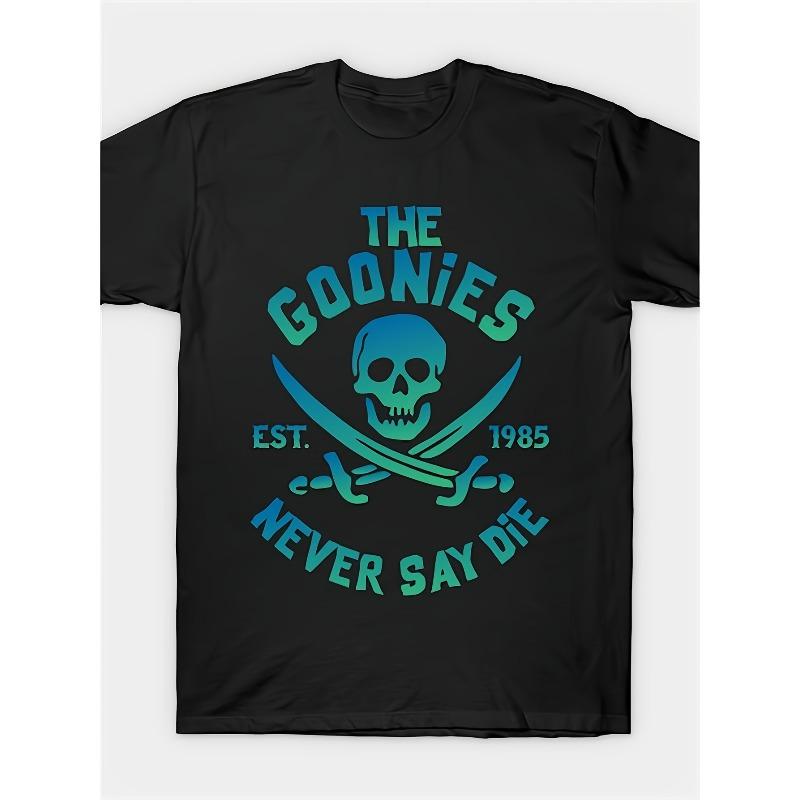 

European Size Men S The Goonies Never Say Die Neon Graphic T-Shirt - Pure Polyester Black with Teal Crossed Swords Skull Print 4XL чорний