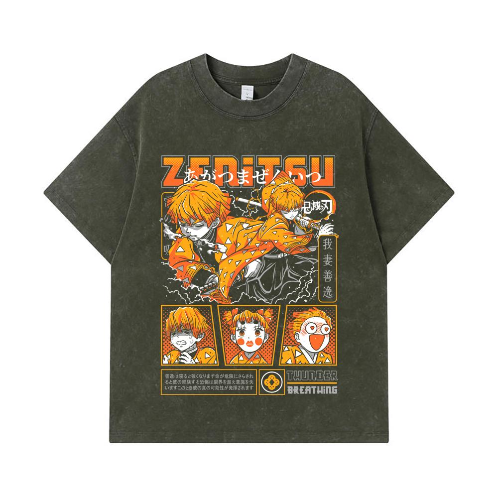 

275 GSM Washed T-shirts 100% Cotton Demon Slayer V68 Zenitsu Print Unisex Heavy Cotton T Shirt S армия зеленый