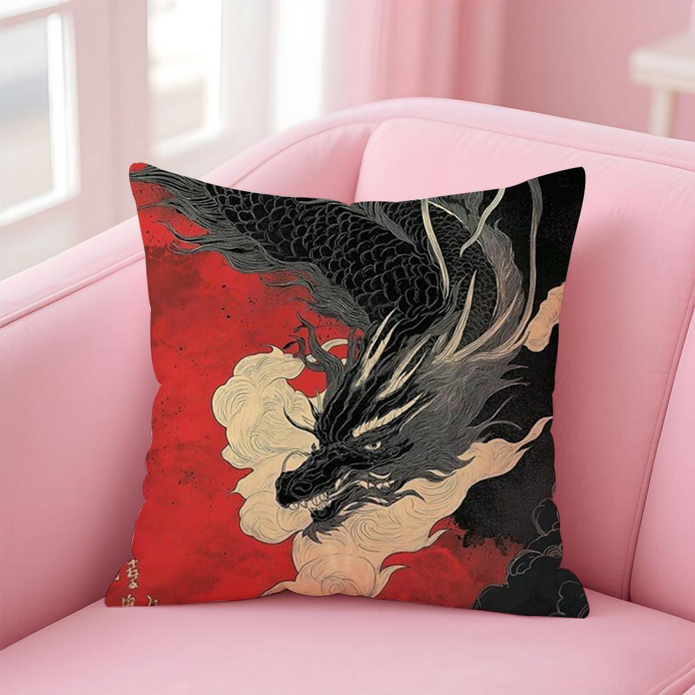 Mythology Traditional Japanese Dragon Cushion Cover Pillowcase Short Plush Invisible Zipper Room Sofa Cushion Cover