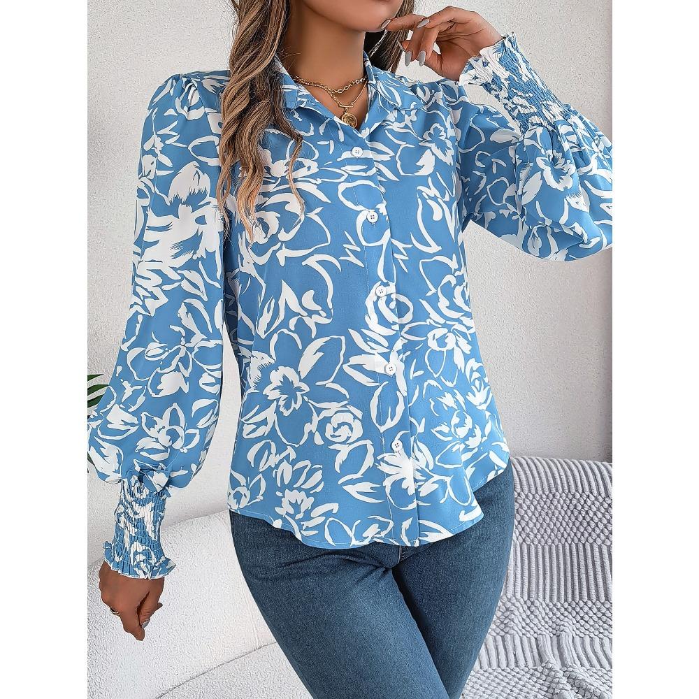 Spring Autumn Elegant Flower Printed Lantern Long Sleeve Shirts Women 2025 Turn Down Collar Single Breasted Chiffon Blouse