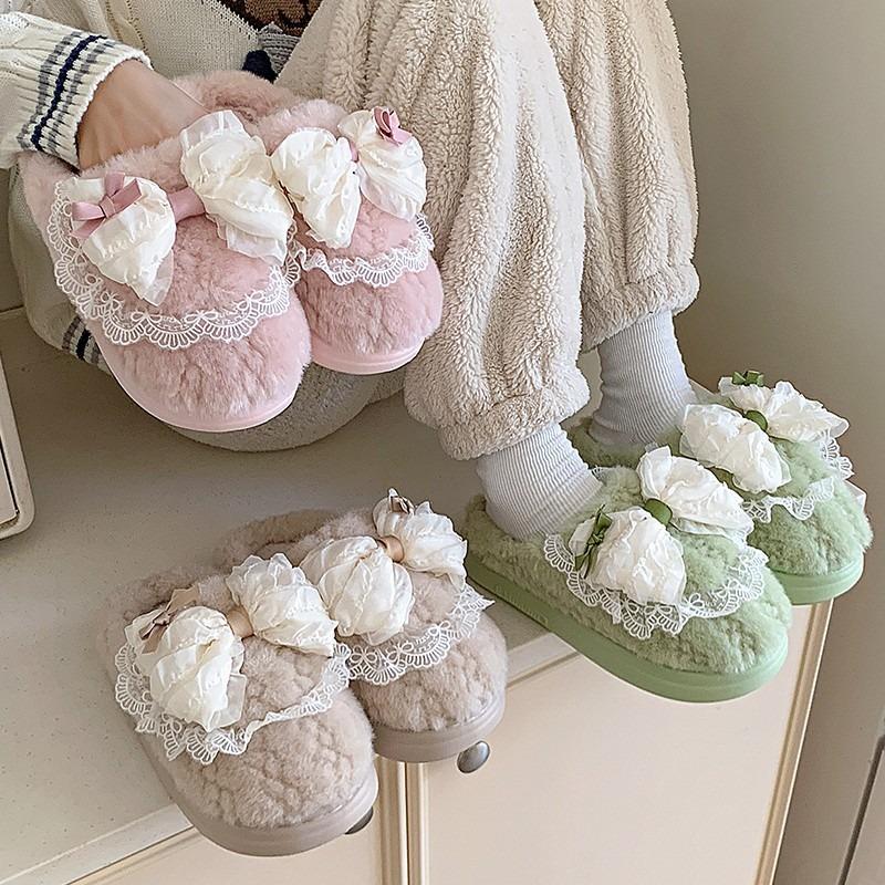 Thick-bottomed Cotton Slippers Women's Autumn and Winter Outdoor Wear Indoor Home Cute Girl Heart Bow Plush Slippers Women's Winter
