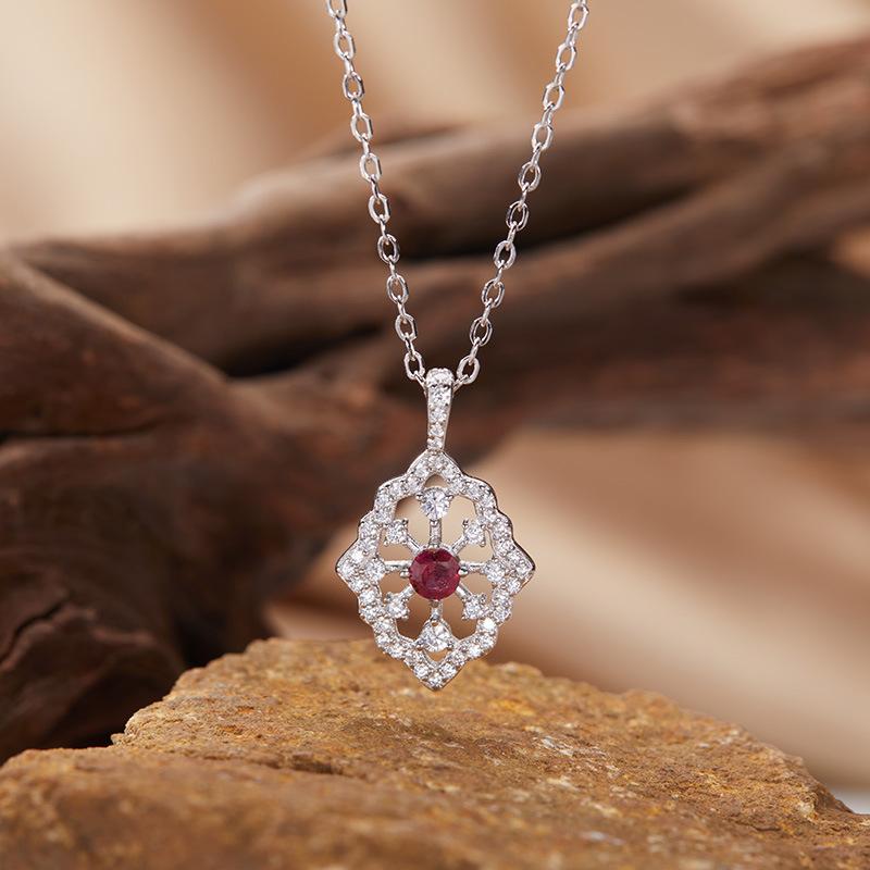 S925 Sterling Silver Natural Gemstone Color Treasure Pendant Necklace Lace Clavicle Chain Light Luxury Premium Sense