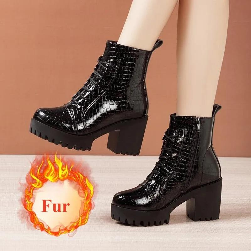 8cm Small Size 32-43 British Thick Bottom Platform Shoes Fall Winter 2025 Block High Heels Leather Short Ankle Boots for Women