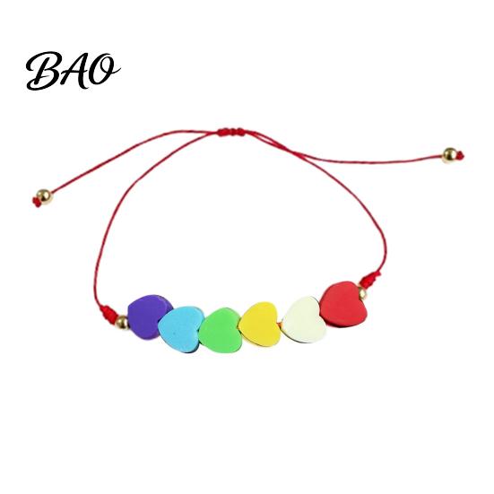 Fashionable Stackable Bracelet Colorful Hearts Bracelet, Handmade Braided Cord String Adjustable Sweet Aesthetic Hand Ornament Heart Shaped Clay Beads