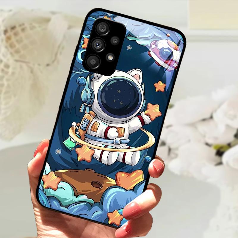 Glass Case For Samsung A13 A23 4G 5G Cartoon Tempered Glass Phone Cover For Galaxy A33 A53 A73 5G Hard PC Glass Protector Cases