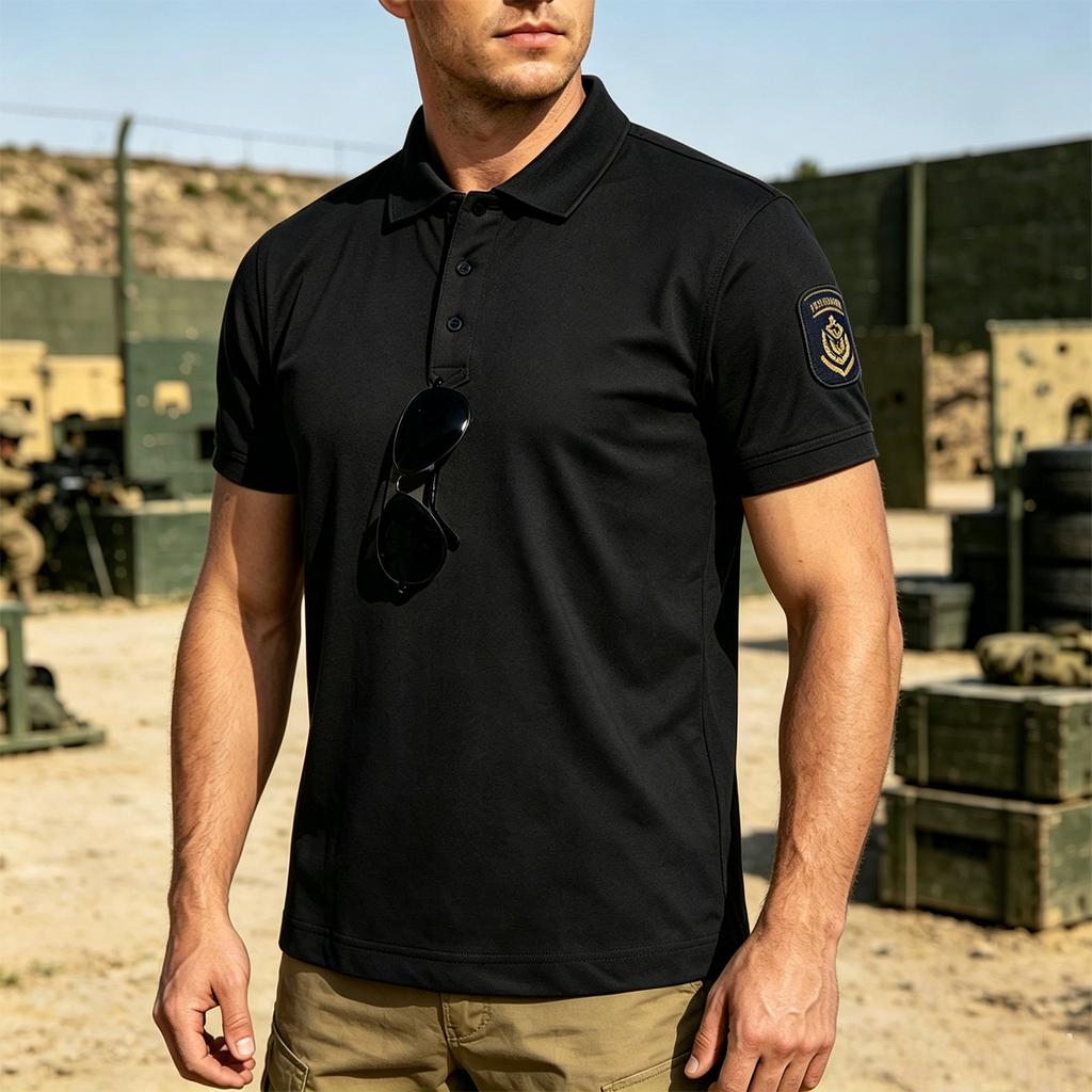 Men's Tactical Quick Dry Polo Shirt Loose Fit Breathable Outdoor Short Sleeve Shirt with Hook and Loop Collar for Casual Use