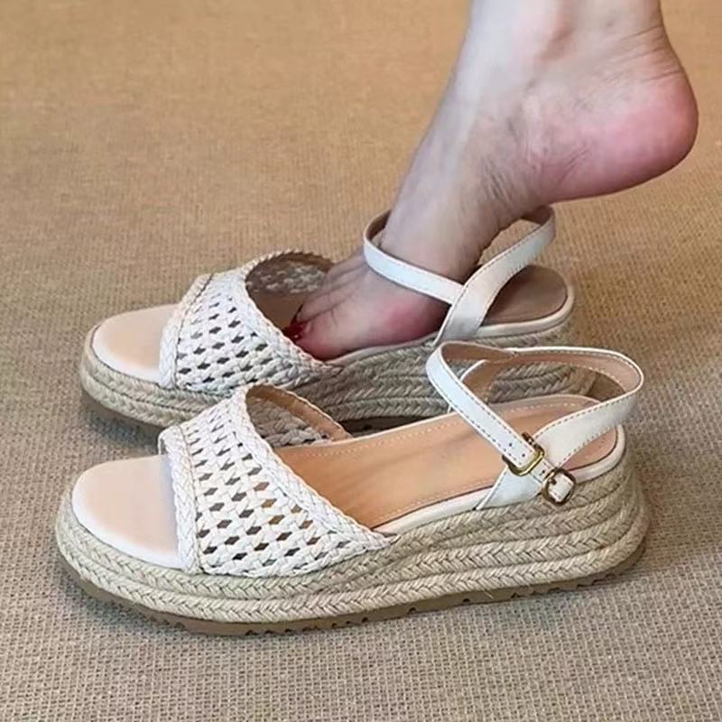 Sheepskin Version~ Straw Word with Platform Sandals Women's New Retro Round Head Hollow High Heel French Woven Women's Shoes