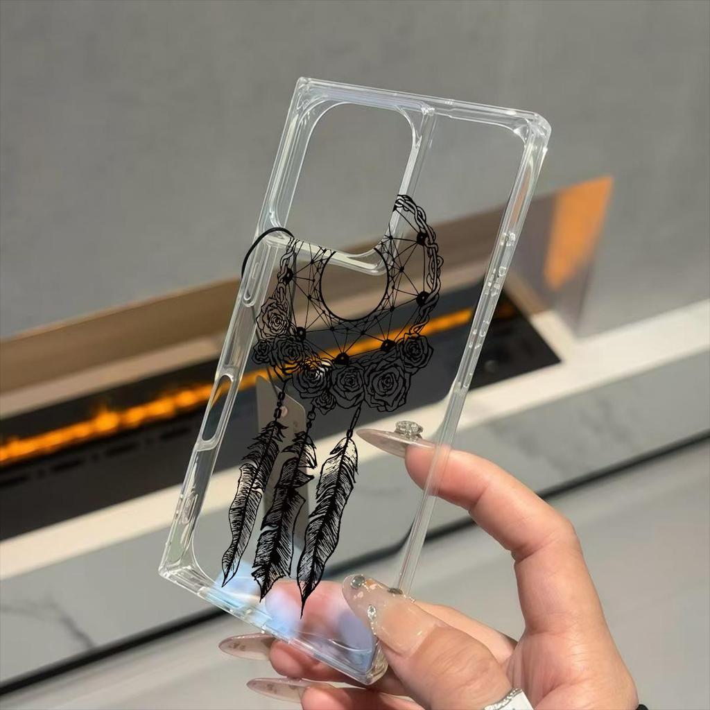 Clear Square Back Tube Case Protection For iPhone 12 15 Plus 11 14 Pro Max 13 16 ProMax Anti-Oxygen,Black Floral Feather Wreath Pattern Casing