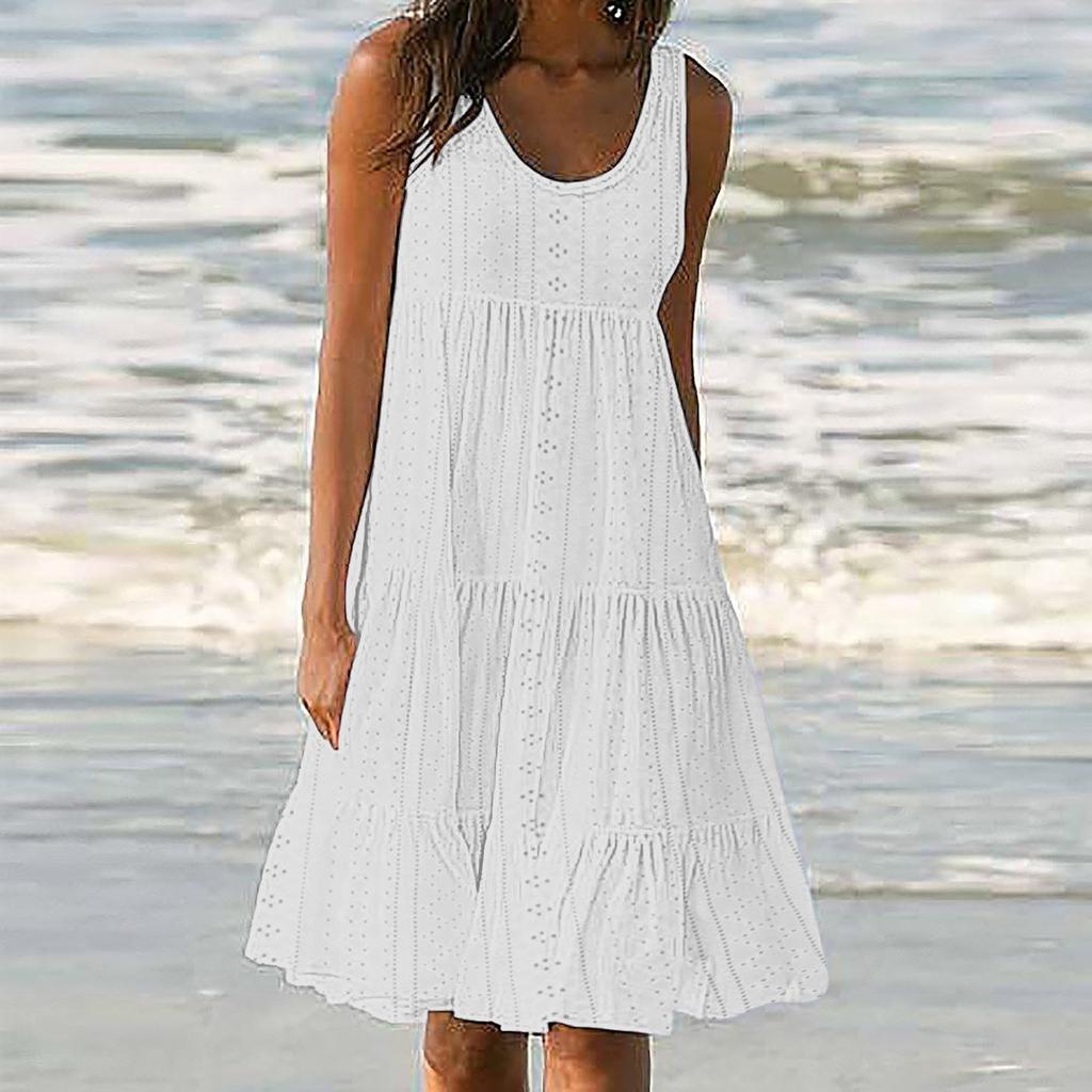 Damevestkjoler Sommerbohemske kjoler Søte ermeløse strandtankkjoler med rund hals