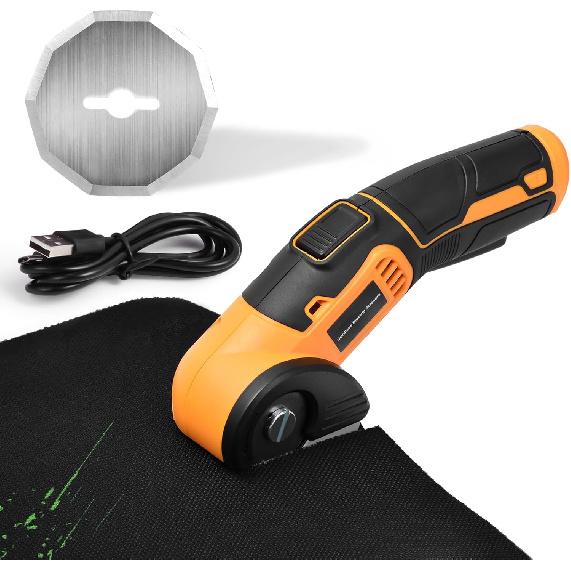 Jomeda Akku-Elektroschere, 4 V wiederaufladbarer Rotationsschneider mit wiederaufladbarem LED-Licht, Sicherheitsverriegelung zum Schneiden von Stoff, Karton, Leder,