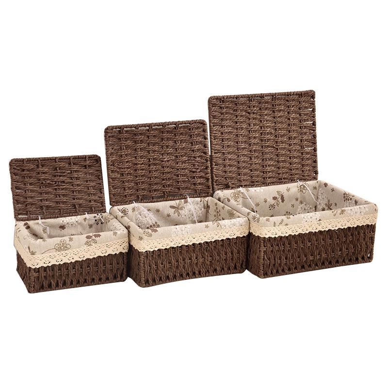 Woven Rattan Storage Basket with Lid - Snack, Sundries & Key Organizer