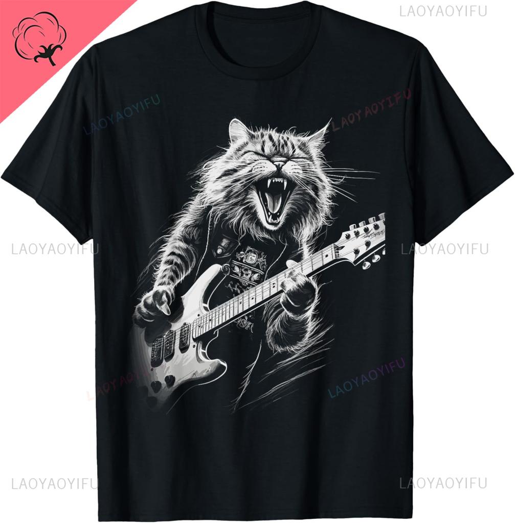 Cat Playing Guitar Rock Star Rock and Roll for Men Women T-Shirt Print Original Design Gifts T Shirts Camiseta Hombre