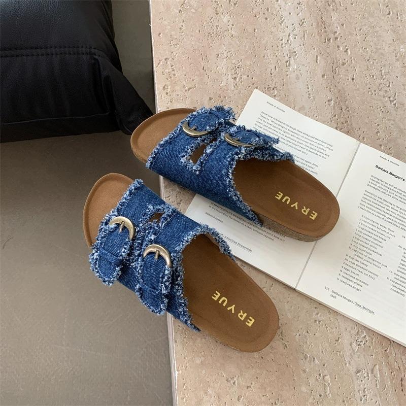 Summer 2025 New Fashion Thick-soled Denim Casual Beach Shoes with Belt Buckle-exposed Toes, Korean-style Flip-flops for Women