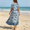 Women's Casual Loose Fit Bohemian Style Gradient Print Short Sleeve V Neck Maxi Dress with Flowing Skirt for Everyday Wear