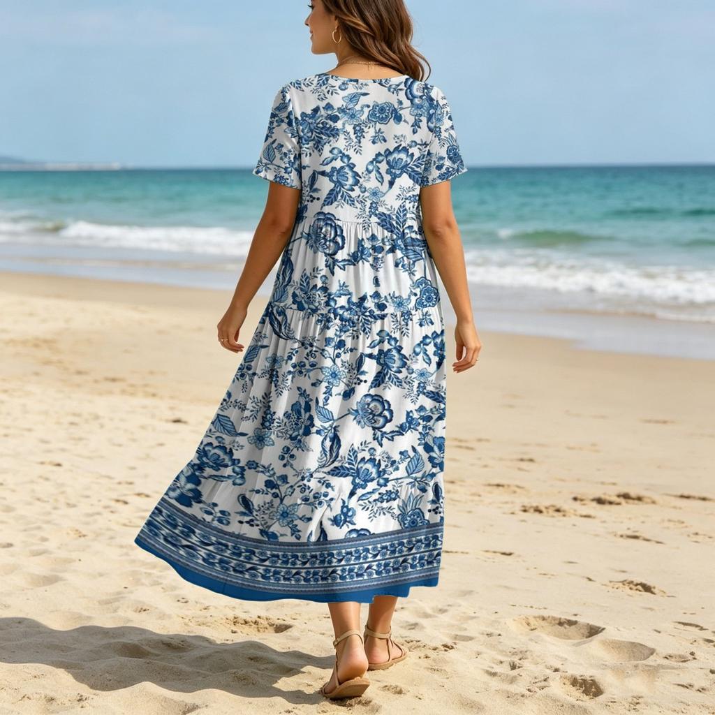 Women's Casual Loose Fit Bohemian Style Gradient Print Short Sleeve V Neck Maxi Dress with Flowing Skirt for Everyday Wear