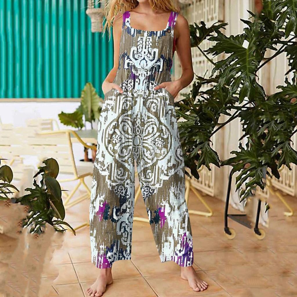 Women's Fashion Casual Loose Back Straps Wide Leg Vintage Printed Jumpsuit
