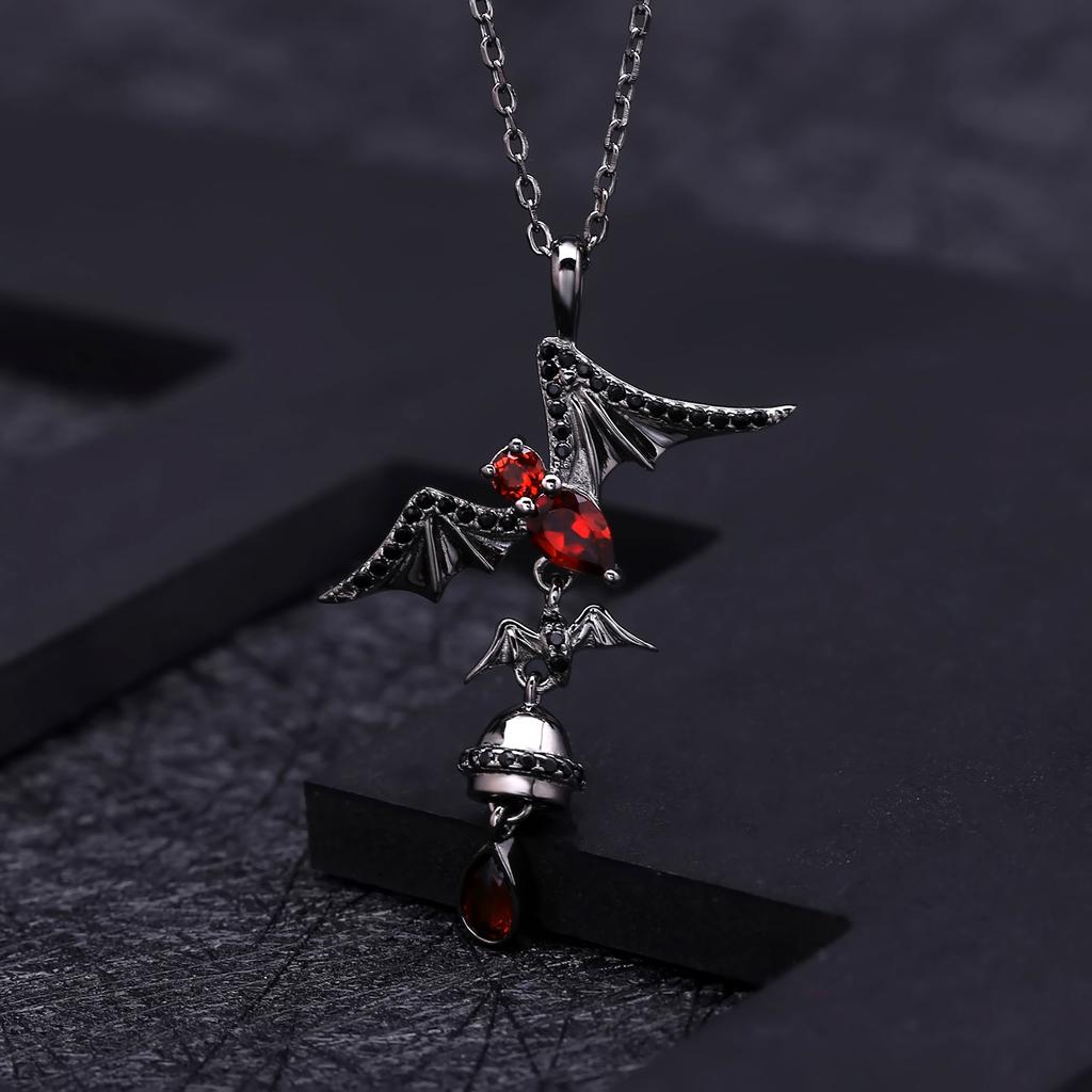 Pendentif de créateur Original, design chauve-souris, en argent sterling s925 incrusté de grenat naturel, collier