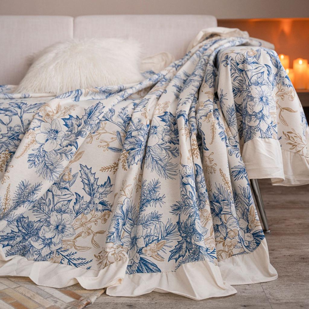 Sofa Towel Christmas Print American Pine Branch Ruffle Edge Multifunctional Cover Vintage Sofa Cover