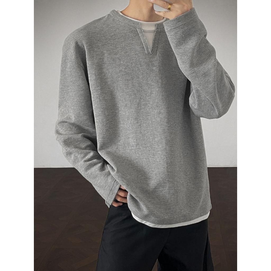 Fake Two Long Sleeved T-shirts, Men's Spring and Autumn Trend, Waffle Style Loose Fit, Bottom Layer, Simple Casual Top