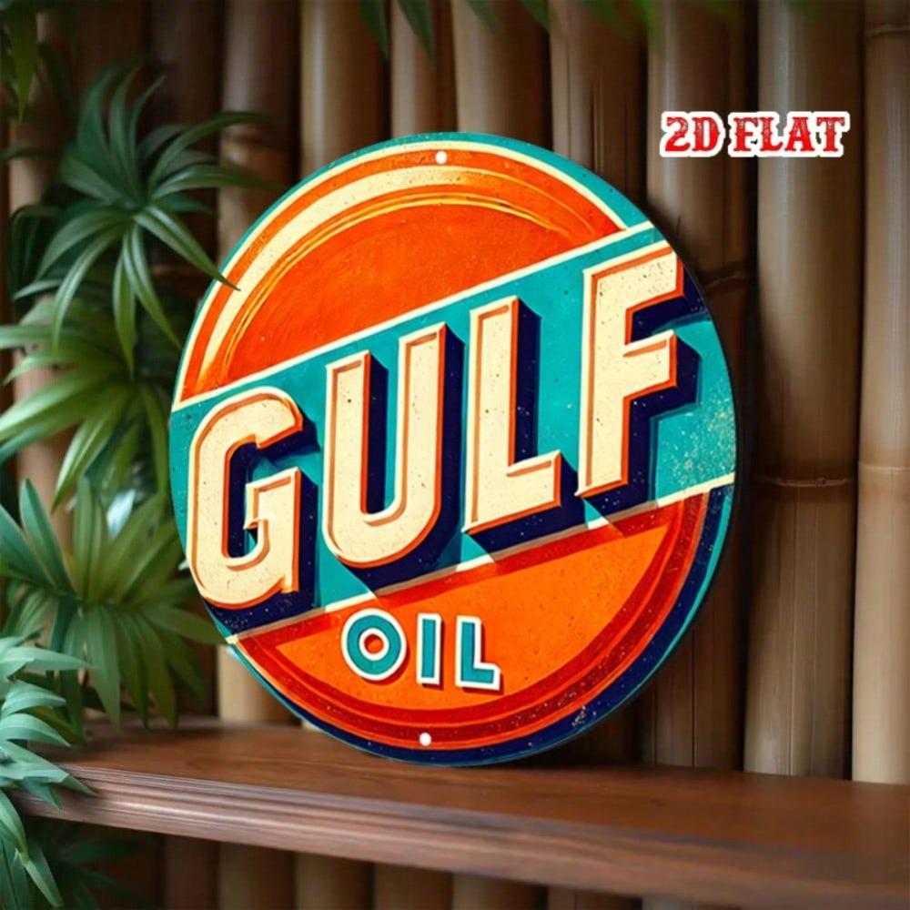 Vintage Metal Tin Sign Round Gulf Oil Brand Wall Art Garage Cafe Decor