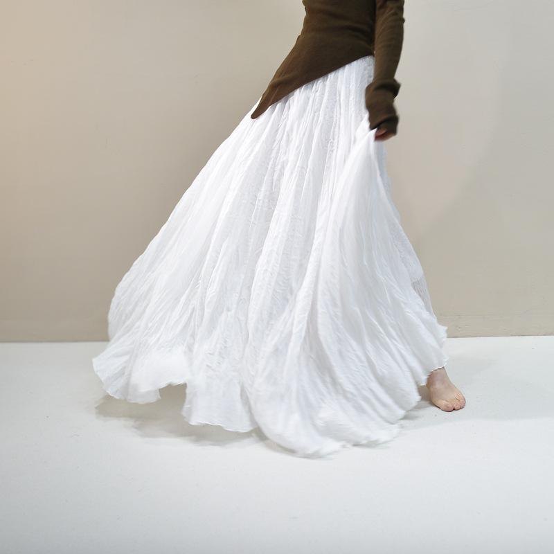 Women's Linen Maxi Skirts Summer Boho Solid Beach Elastic High Waist Pleated A-Line Flowy Swing Long Maxi Skirts Elastic Waist Long Skirt for Women