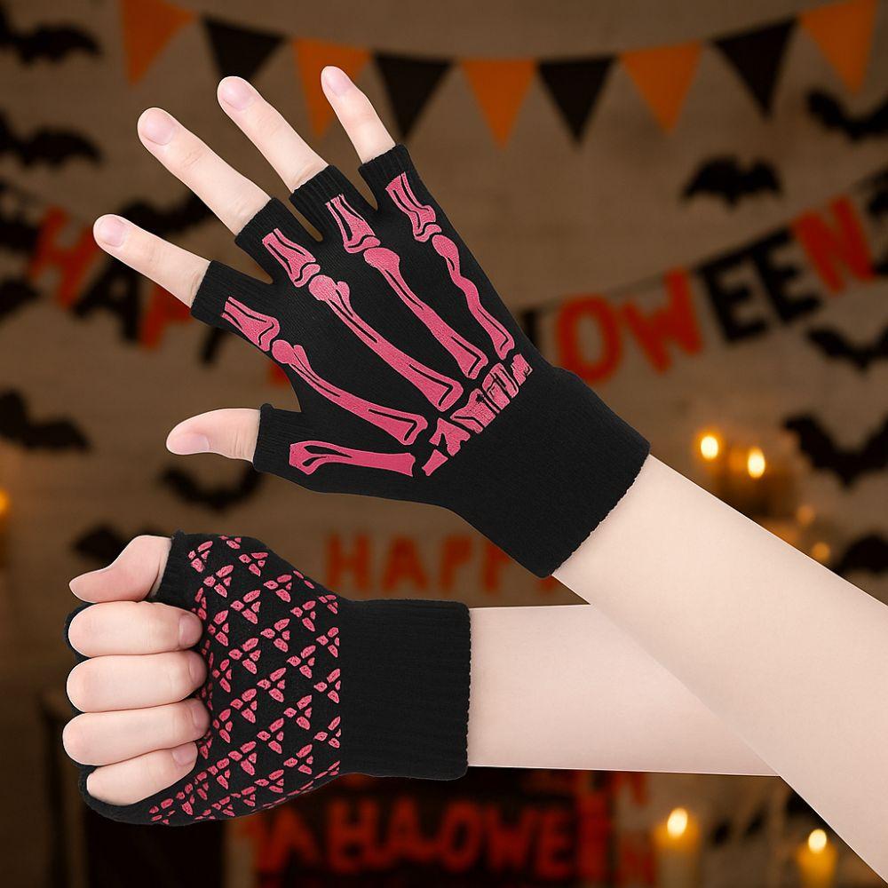 Stretch Punk Skeleton Gloves Black Skull Half Finger Gloves  Halloween Party