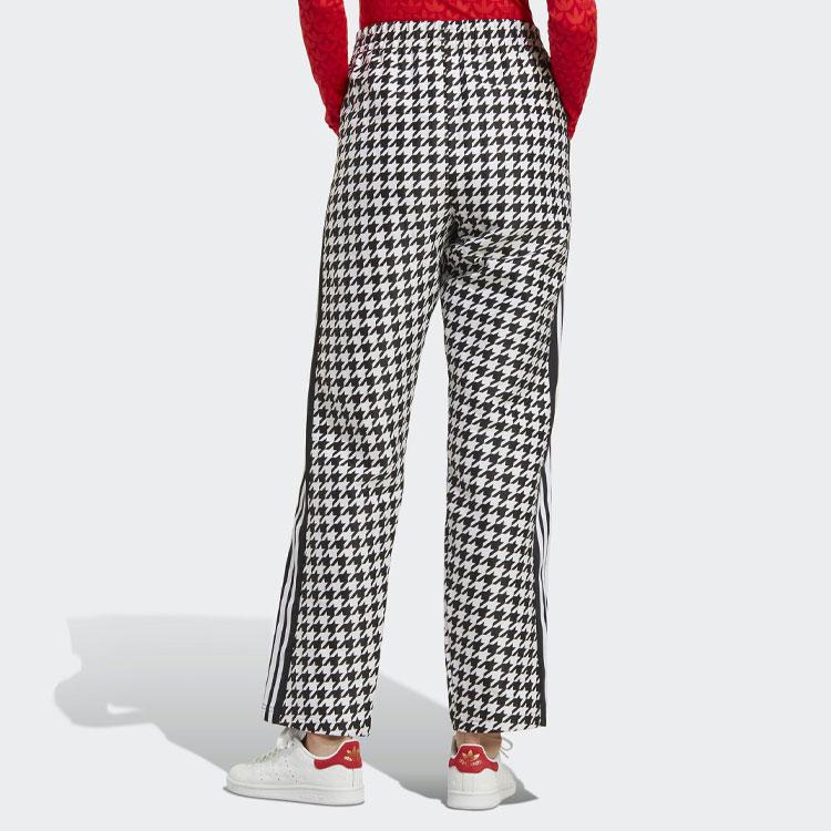 adidas Pantalones casuales rectos de cintura alta con bordado de pata de gallo y logo de trébol Originals para mujer, color negro y blanco, IB7715