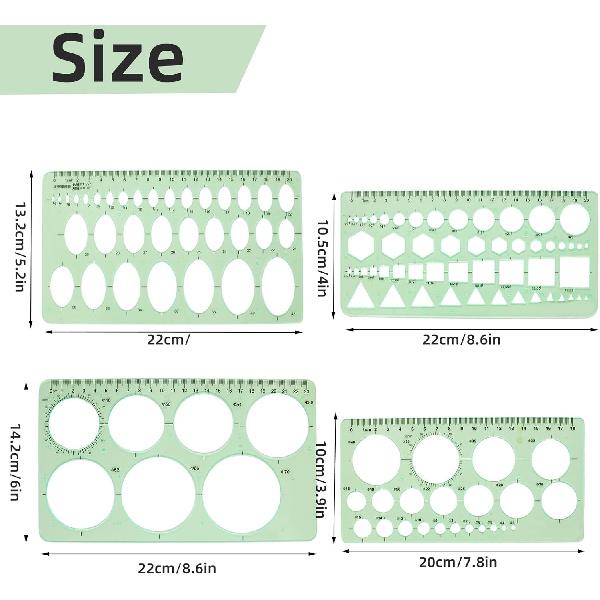 4PCS Circle Template, Plastic Circle and Oval Measuring Templates, Formwork Drawings Templates (Clear Green)