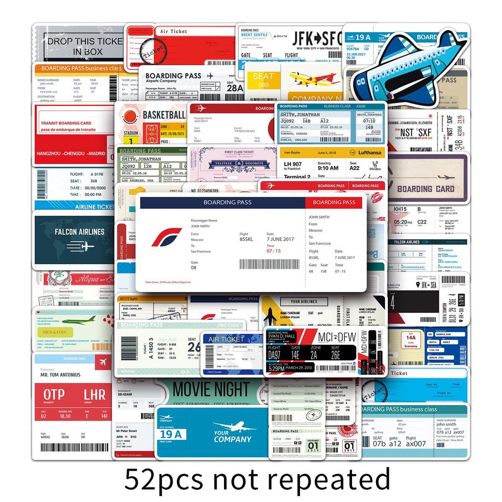 52-Piece Waterproof Cartoon Boarding Pass & Airplane Ticket Stickers Set