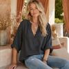Women Shirt, V-Neck Long Sleeve Summer Tops, Pure Color Loose Fit Casual Blouse for Work Parties Vacations Dates