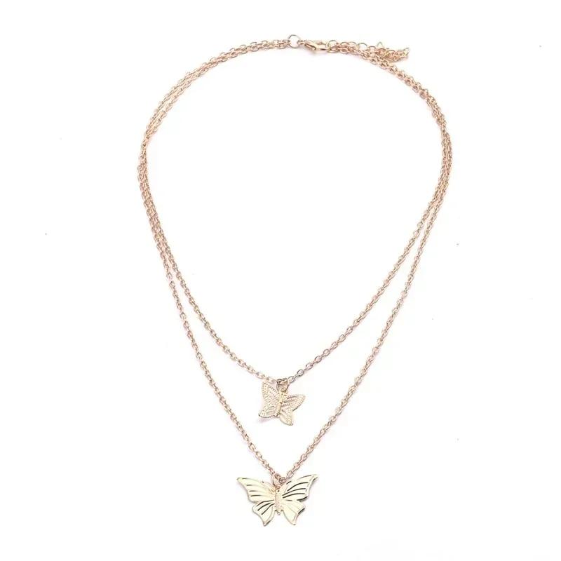 

Fashion Punk Classic Double Layer Butterfly Necklace Wedding Jewelry Collar Chain Pendant Neckchain Accessories Creative Gifts Gold