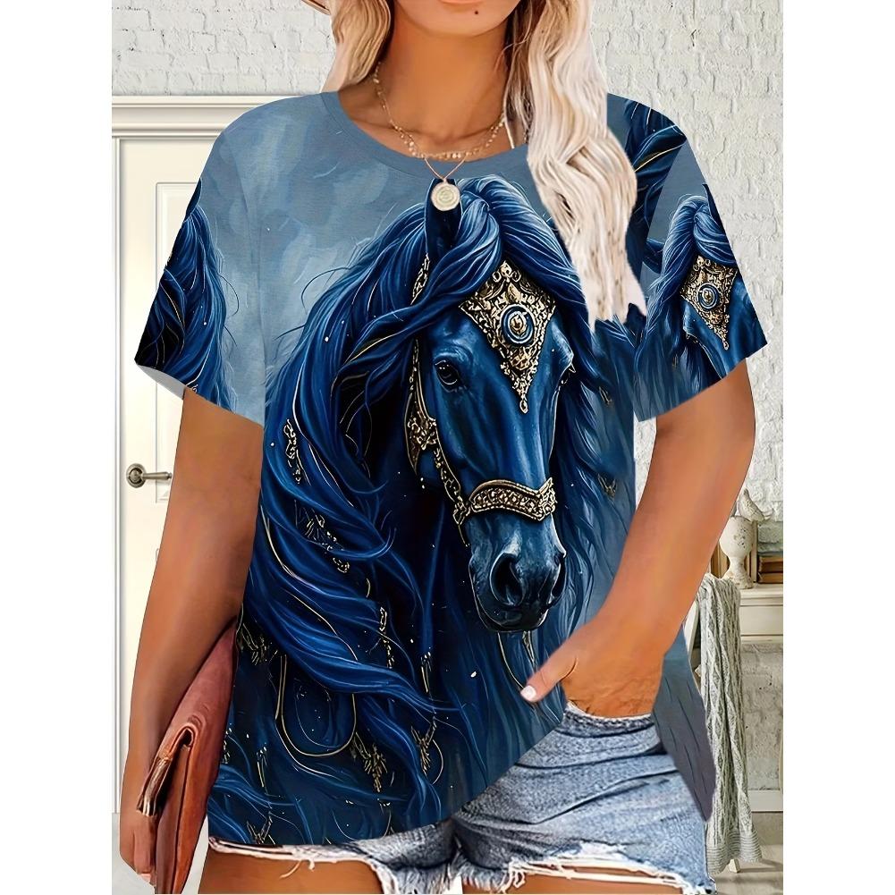 Plus Size Casual Crew Neck Short Sleeve Tiger Horse Animal Print T-Shirt - Soft Stretch Polyester Fabric Spring and Summer Womens Relaxed Fit Clothing