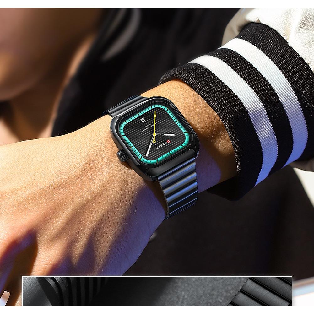 CURREN Simple Business Square Quartz Watches Casual Stainless Steel Bracelet Wristwatch with Auto Date for Men