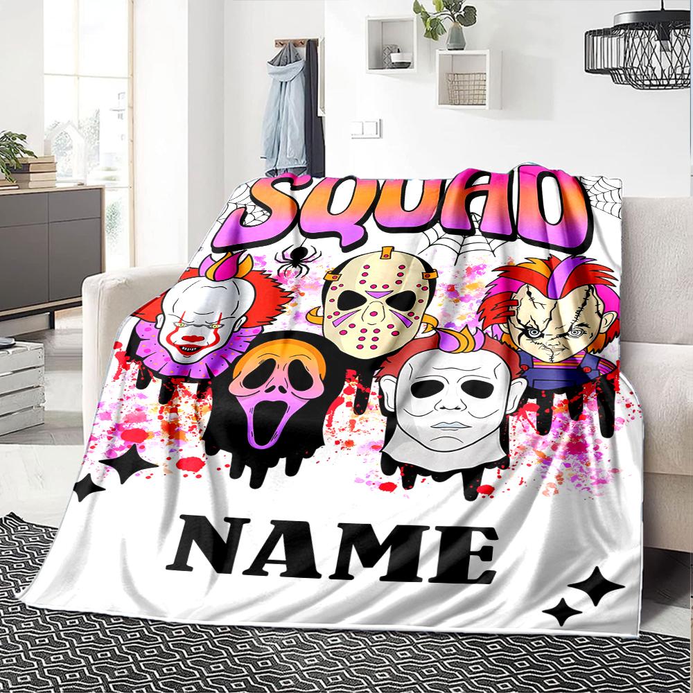 Custom Name Halloween horror Theme Printed Blanket - Perfect for Couch, Bed, Travel & Outdoor Use | Machine Washable, Cozy & Durable.