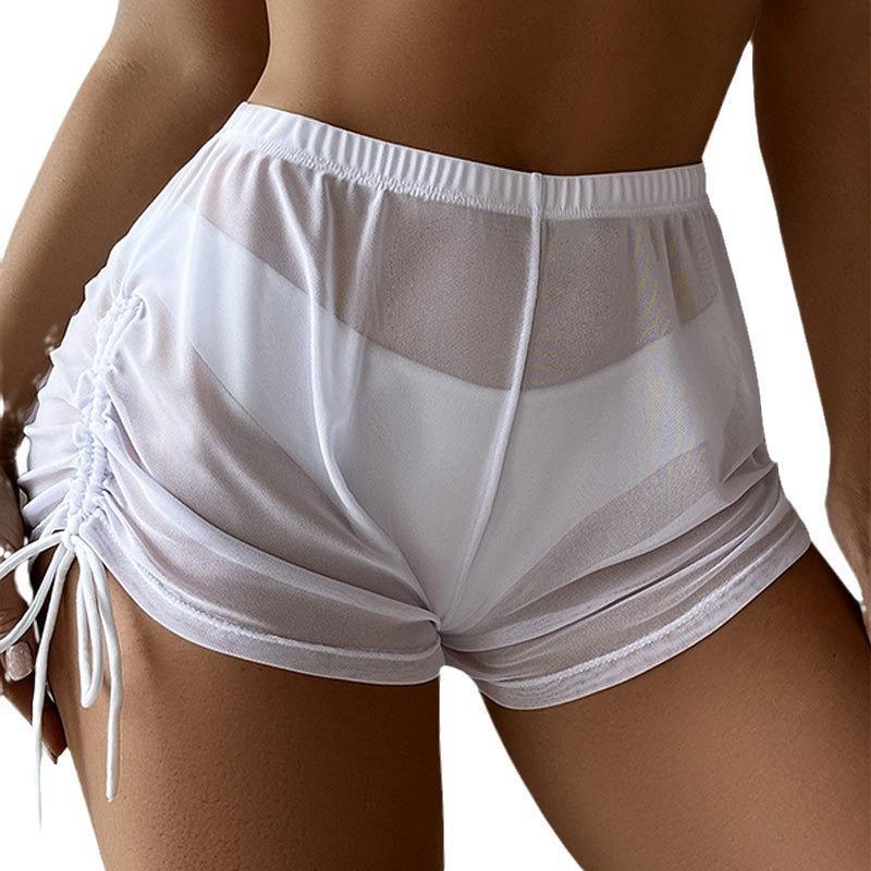 High-Waisted Solid Color Mesh Bikini Swim Bottoms - 2023 European and American Style