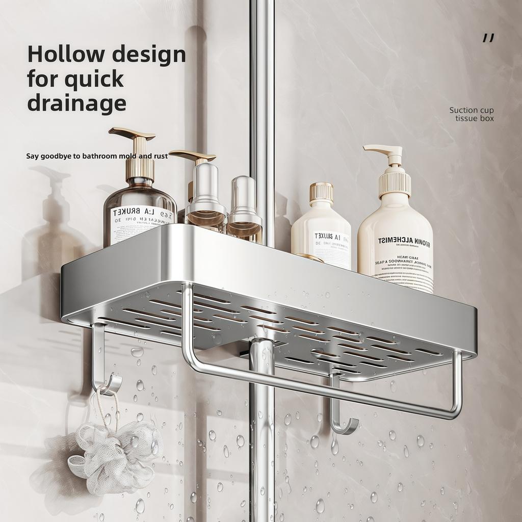 No Drilling Bathroom Storage Rack Wall-Mounted Shelf Hangable Shower Holder Organizer Modern Bathroom Accessories
