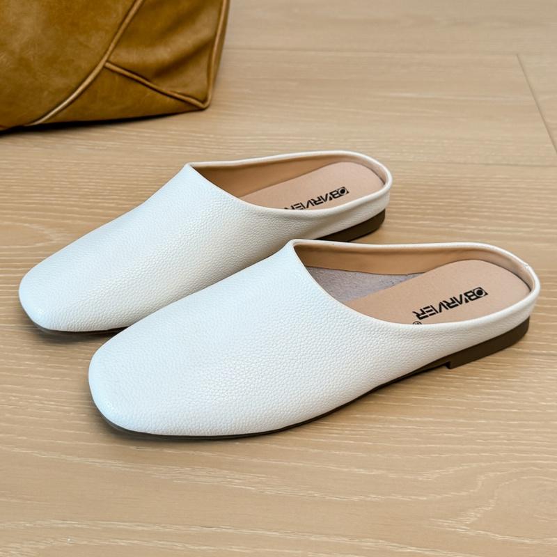 Fashion Sping Autumn Genuine Leather Women's Slippers 2025 Outside Wear Flat Bottomed Casual Comfy Muller Bag Head Half Slippers