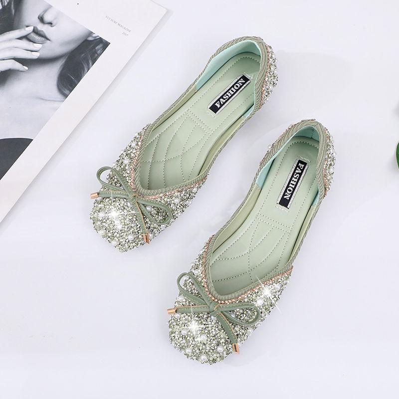 Single Shoes Women's Rhinestones 2025 Summer-autumn Korean Version of Internet Celebrity Bow Pumps Pearl Sleeves Flat Granny Shoes