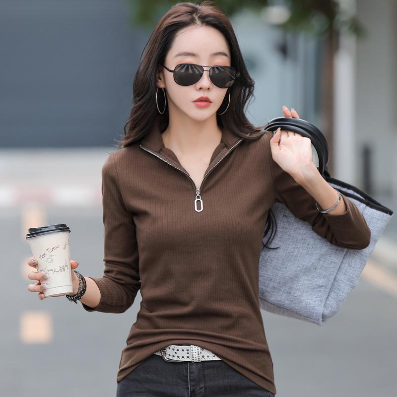 

Women s Autumn Slim Fit Half-High Collar Zipper Long Sleeve Ribbed Cotton Stretch Top M (95-105 jin)