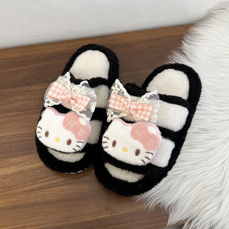 Vitality cute cartoon kitten fluffy slippers female 2025 autumn and winter fashion versatile casual one-word cotton slippers