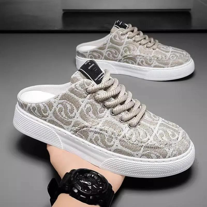 Fashion Summer Men Sandals Retro Print Canvas Shoes Indoor Men's Casual Home Mules Outdoor Flat Baotou Half Slippers Chef Shoes
