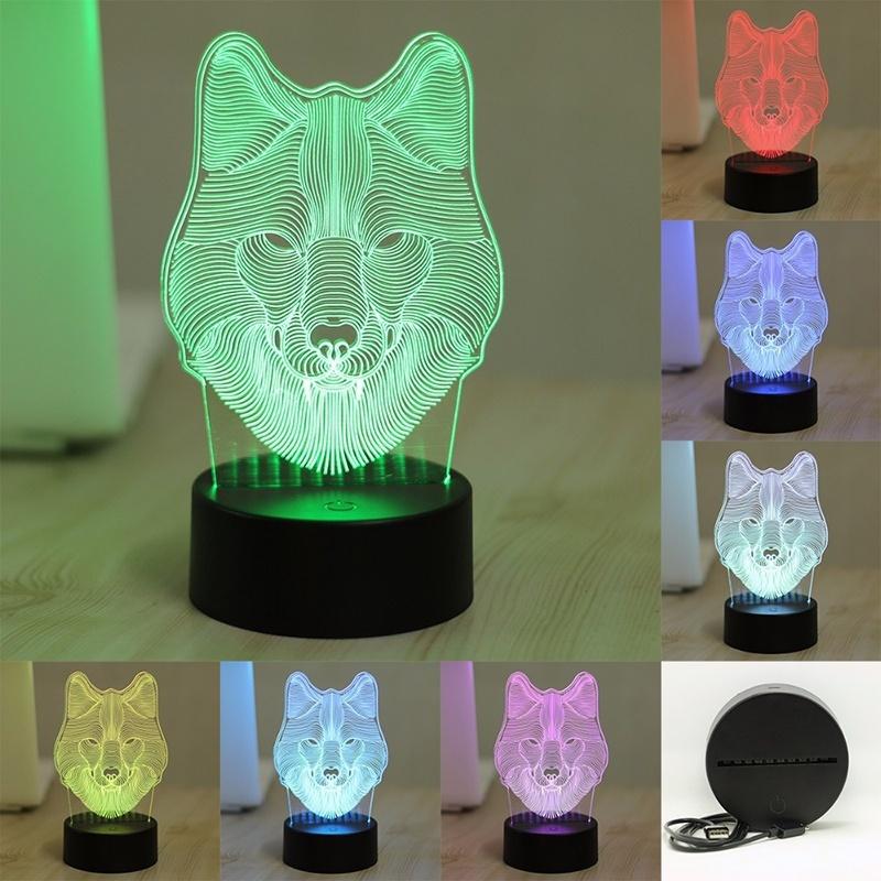 3D Illusion Bulbing Wolf Charm Lamp Acrylic LED Night Light USB Table Desk Lamp