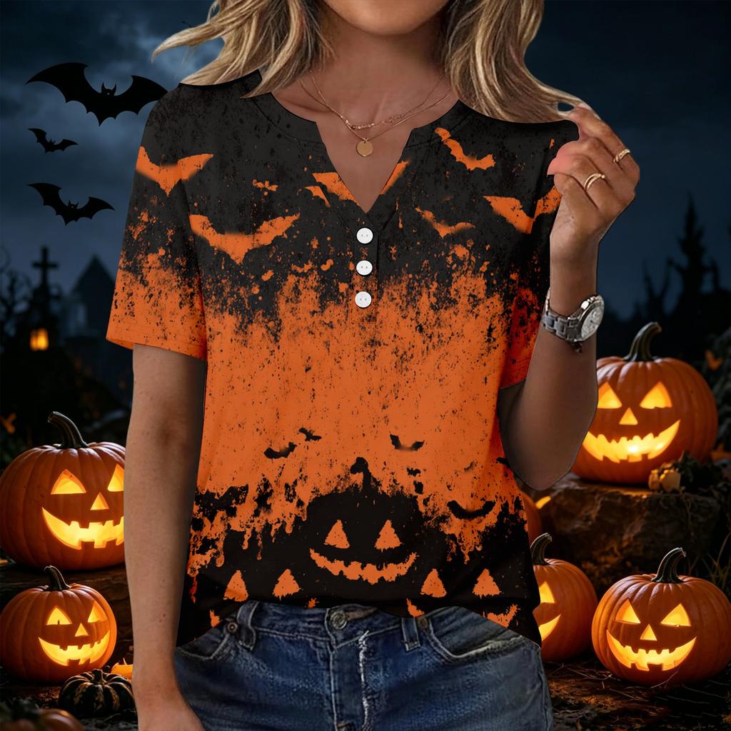 Women's Casual Halloween Print V Neck Short Sleeve Button Detail T Shirt Top Suitable for Everyday Wear and Seasonal Events