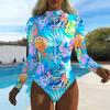 Women Long Sleeve One Piece Swimsuit Zip Front Flowers Print Rash Guard Surfing Bathing Suit