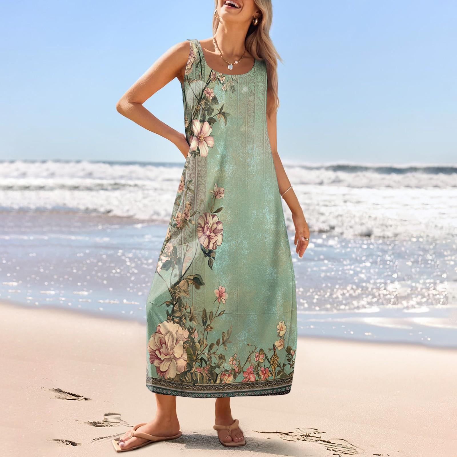 

Жіночий повсякденний довгий сарафан, літня пляжна сукня, круглий виріз, вільний сарафан без рукавів S