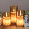 Battery Operated Flameless Candles with Remote & Timer, Gold Glass 3Pack | Real Wax Crystal Texture, D3×H4/5/6", 2/4/6/8H Timer, Dimming, Flickering