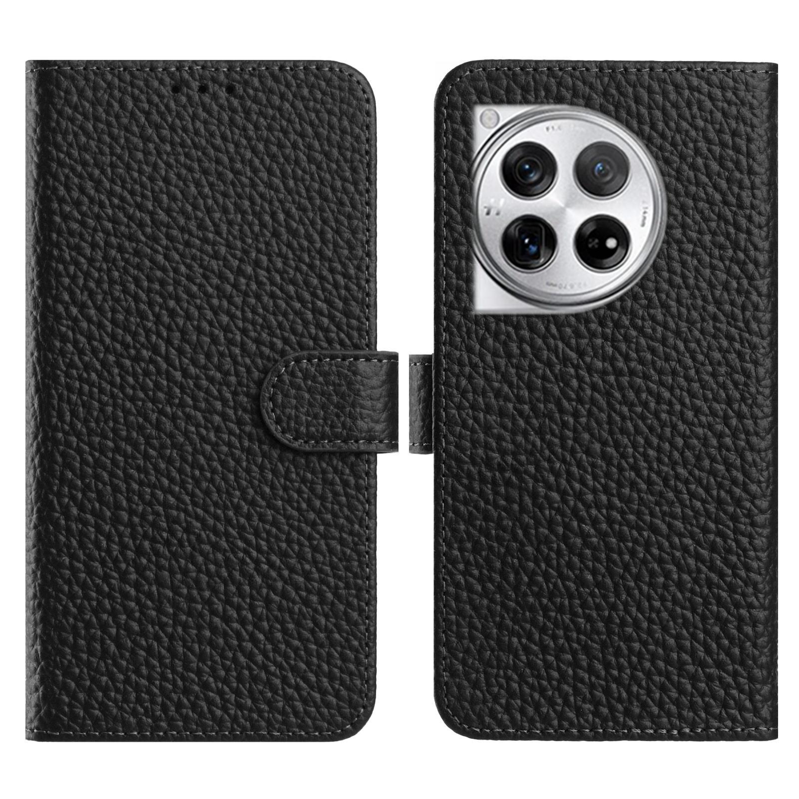 

For OnePlus 12 5G Case Wallet Stand Litchi Texture Genuine Cow Leather Flip Phone Cover Black