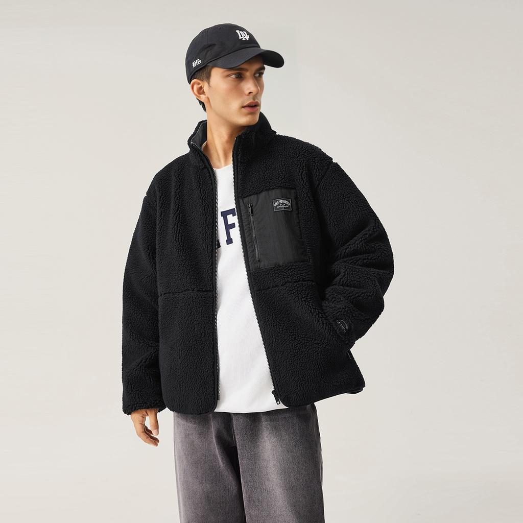 Li Ning Sportmode Serie Amerikaanse Vintage Casual Eenvoudig Veelzijdig Winddicht Los Fleecejack Uniseks Jack Zwart AFDUC95-8